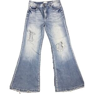 PETRA 153 Womens 32x32 Blue Distressed Flare Jeans Mid Rise Ripped Denim